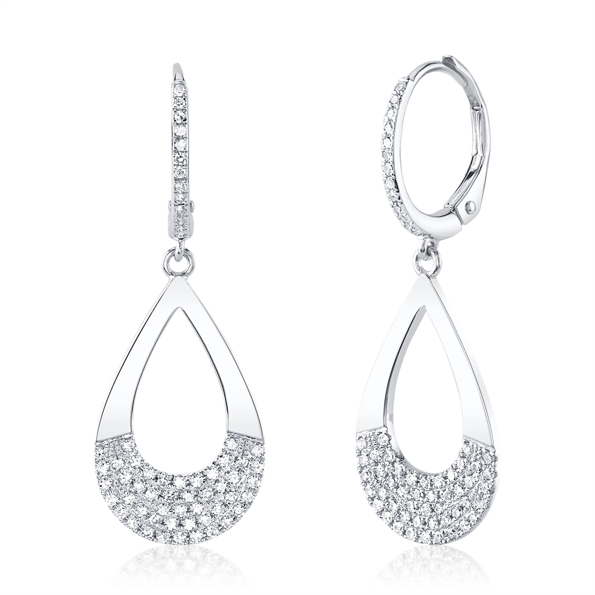 14K White Gold Open Pear Shaped Pave Diamond Dangle Earrings