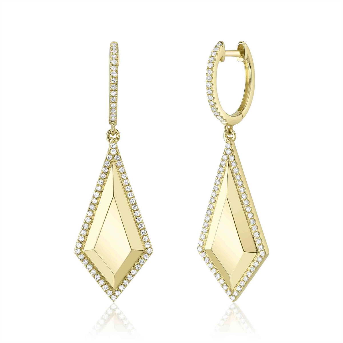 14K Yellow Gold Brushed Elongated Diamond Halo Dangle Earrings