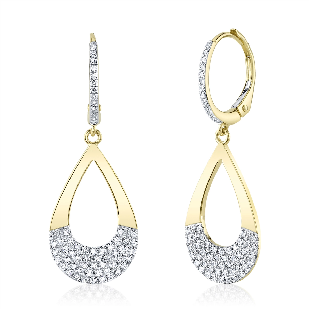 14K Yellow Gold Pave Diamond Pear Shaped Dangle Earrings