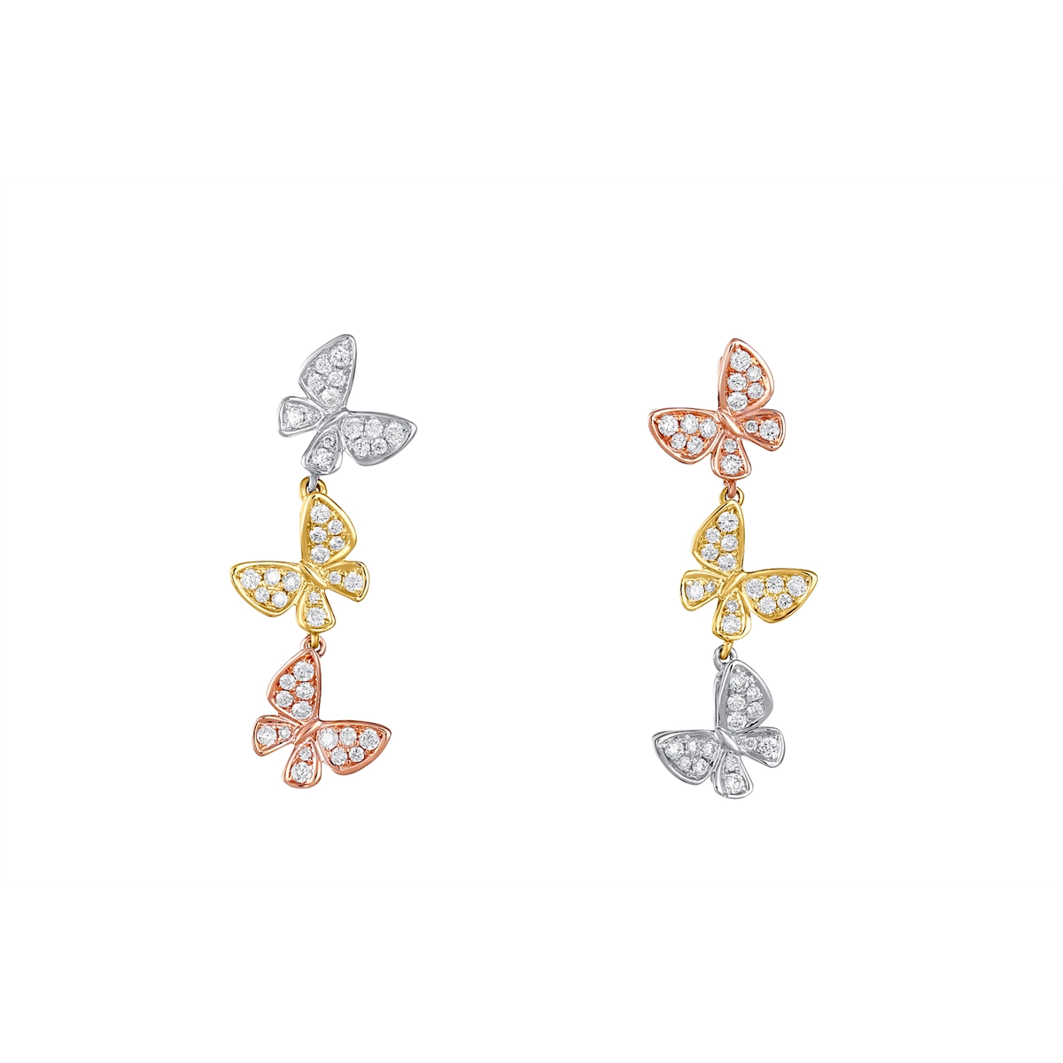 18K Tri Gold Diamond Butterfly Dangle Earrings