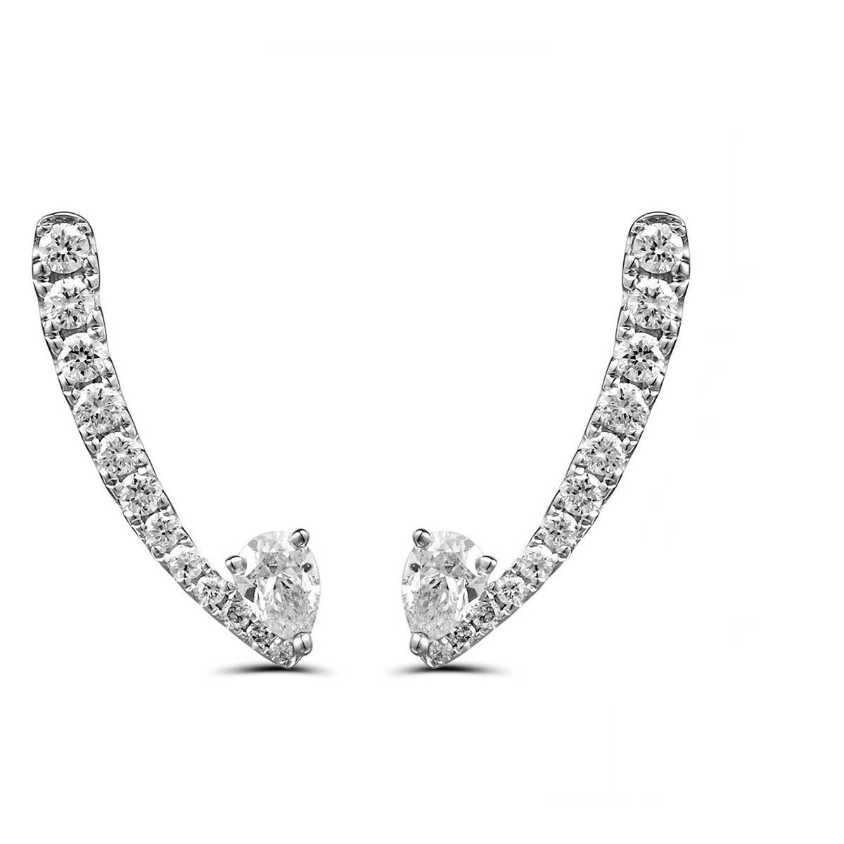 18K White Gold Curved Round Diamond Climber Earrings with Pear Diamond End