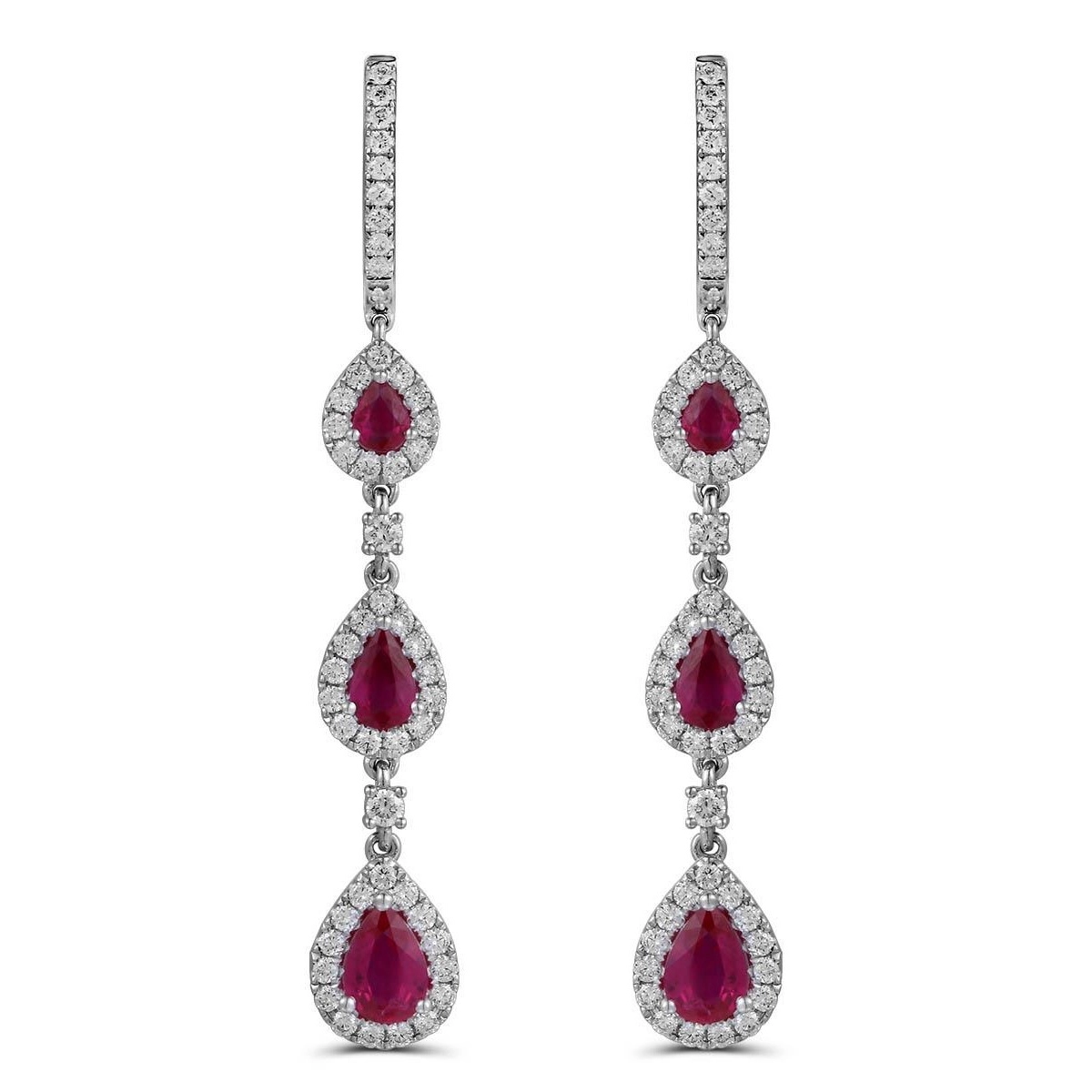 18K White Gold Pear Ruby with Diamond Halo Dangle Earrings