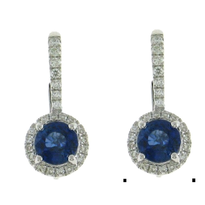 18K White Gold Sapphire Dangle Earrings with Diamond Halo