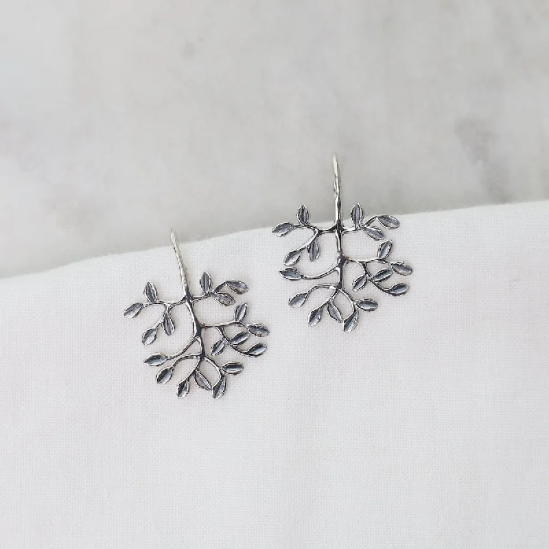 Tree Branch with Leaves on Hook Ear Wire Earrings