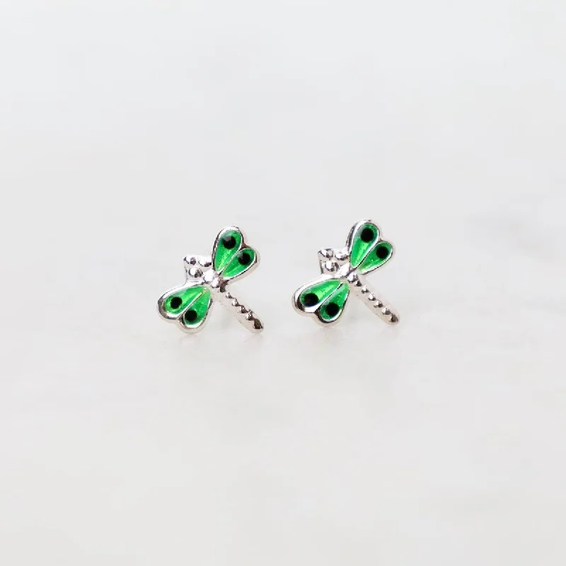 Enamel Dragonfly Post Earrings in Green