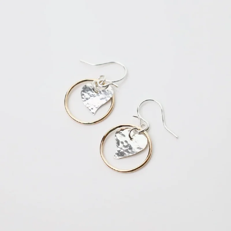 Sterling Silver Hammered Heart in Gold Filled Circle Earrings