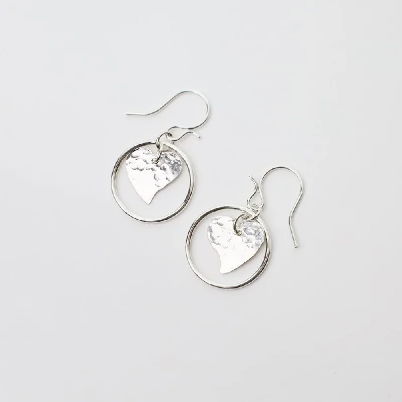 Sterling Silver Hammered Heart in Circle Earrings