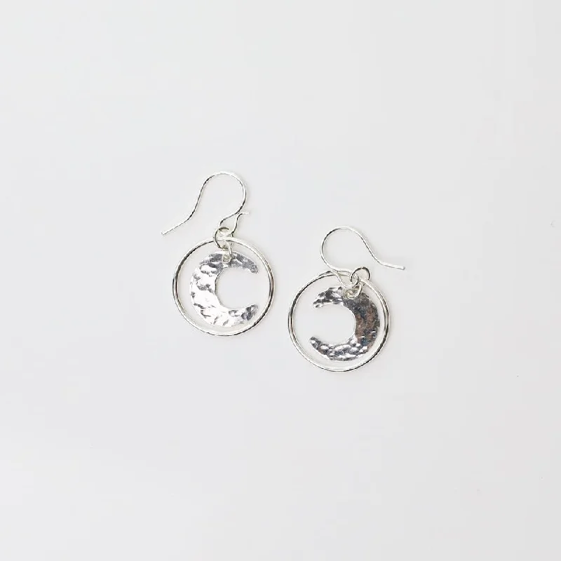 Sterling Silver Hammered Moon in Circle Earrings