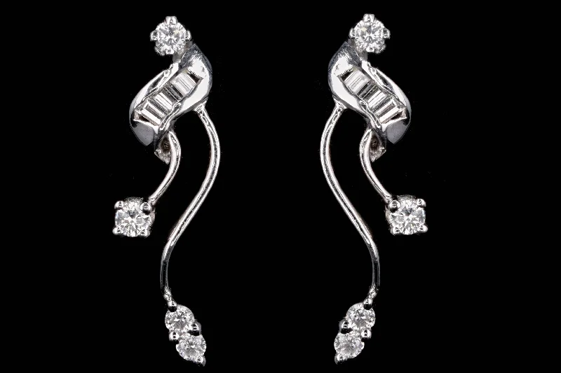 Modern 18K White Gold .22 Carat Round Brilliant & Baguette Cut Diamond Earrings