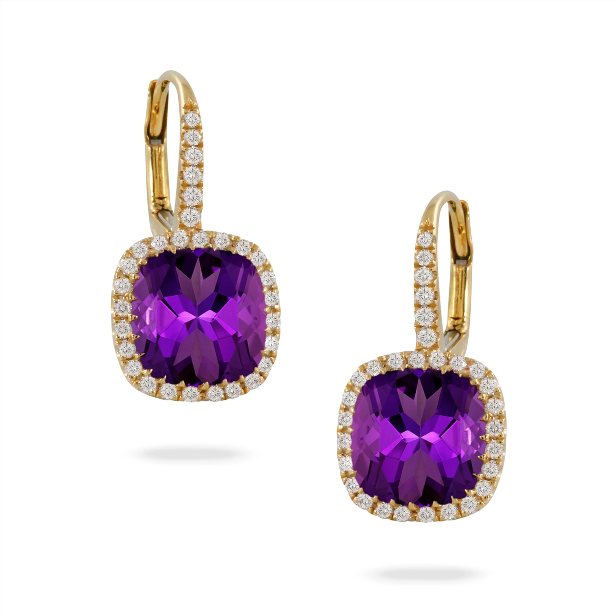 Doves 18K Yellow Gold Cushion Amethyst with Diamond Halo Dangle Earrings