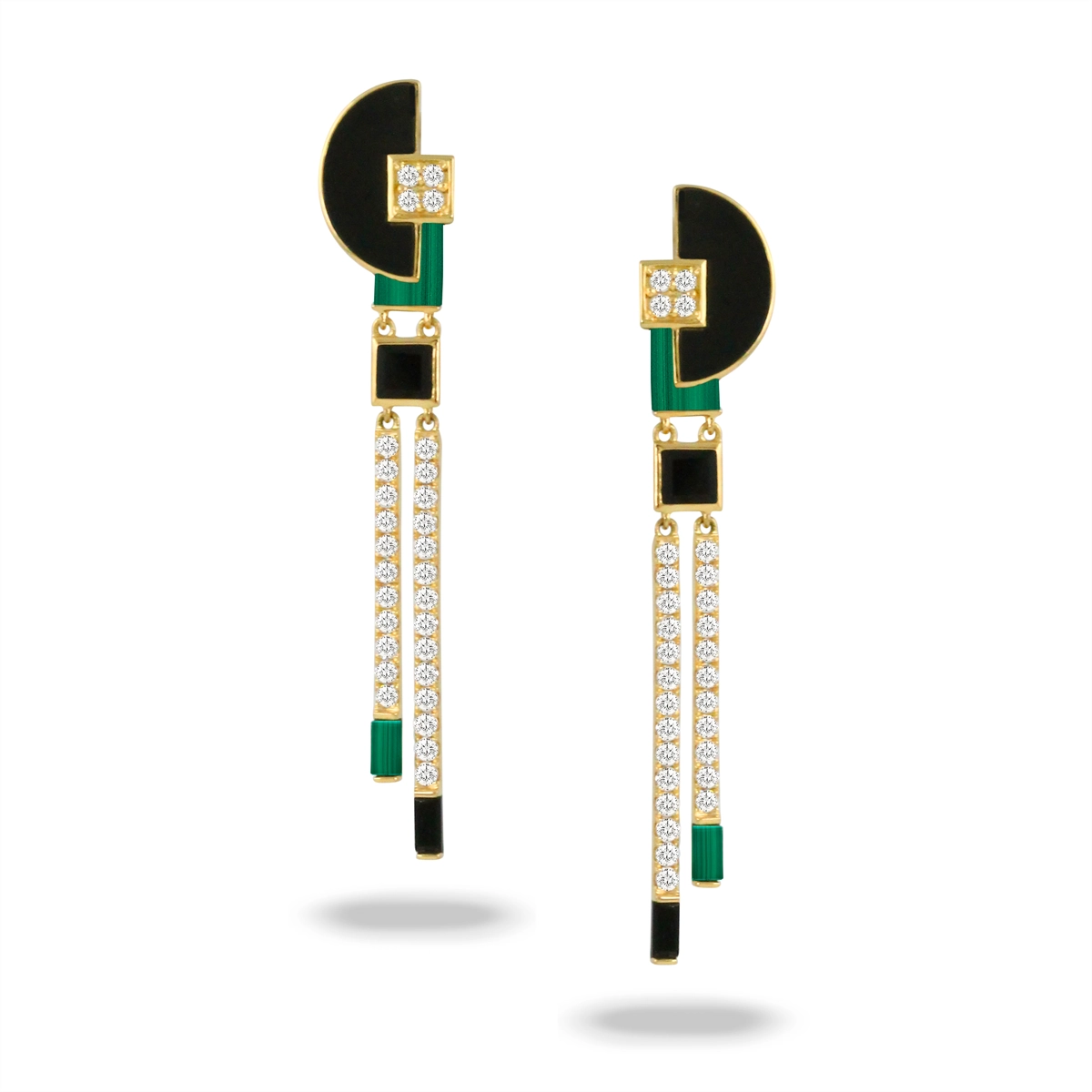 Doves 18K Yellow Gold Malachite, Black Onyx and Diamond Dangle Earrings