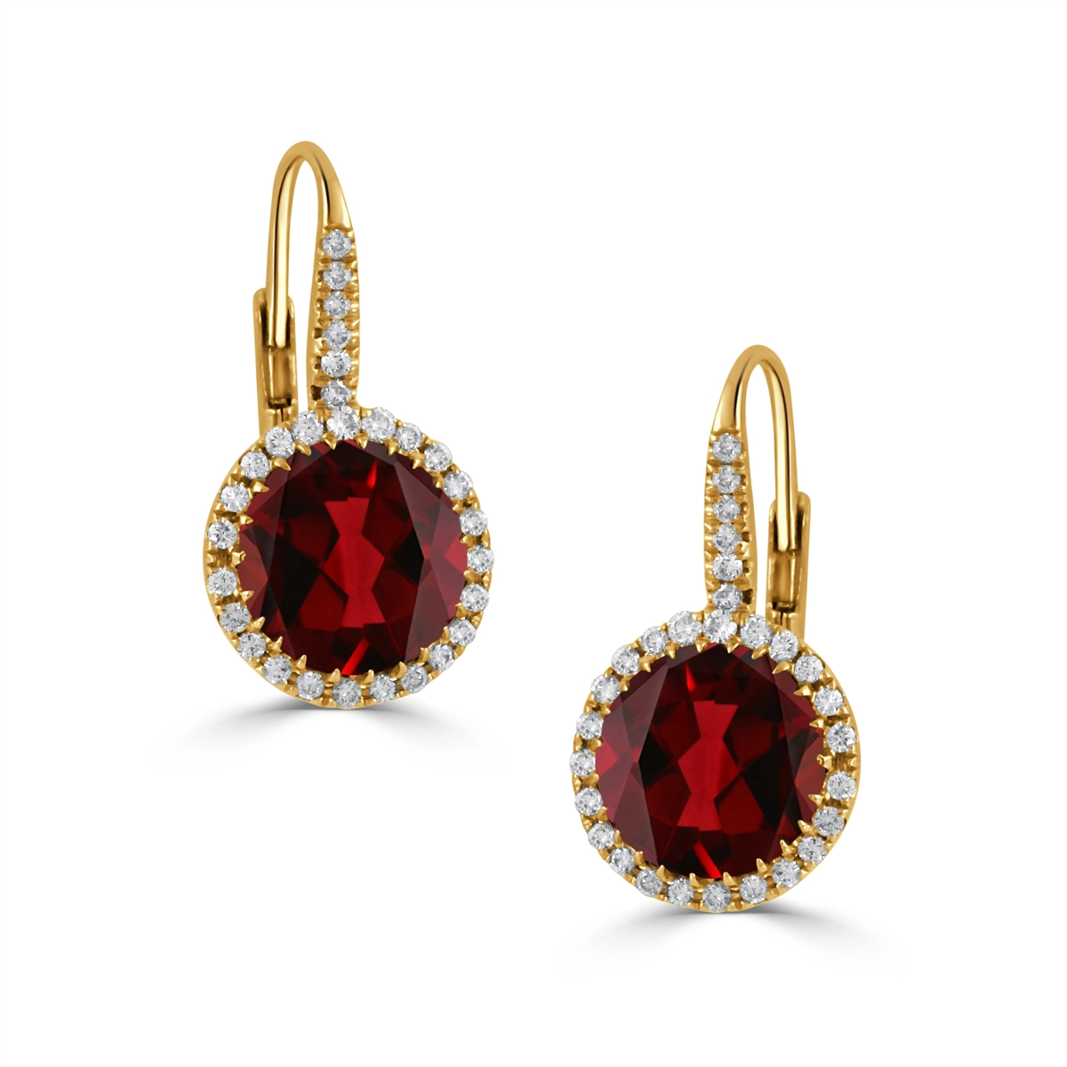 Doves 18K Yellow Gold Round Garnet with Diamond Halo Dangle Earrings