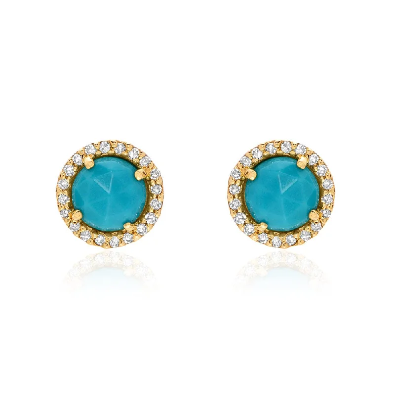 14k Gold Rose Cut Turquoise with Diamond Halo Post Earrings