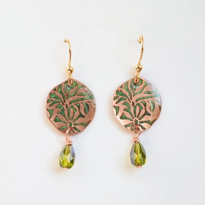 Copper Flower Burst with Green Dangle Earrings