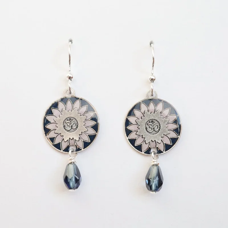 Silver Blue Ohm Mandala with Blue Bead Earrings