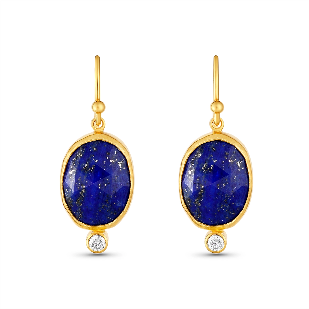 Gurhan One of a Kind 24K Yellow Gold Bezel Lapis and Diamond Dangle Earrings with 18K Hooks