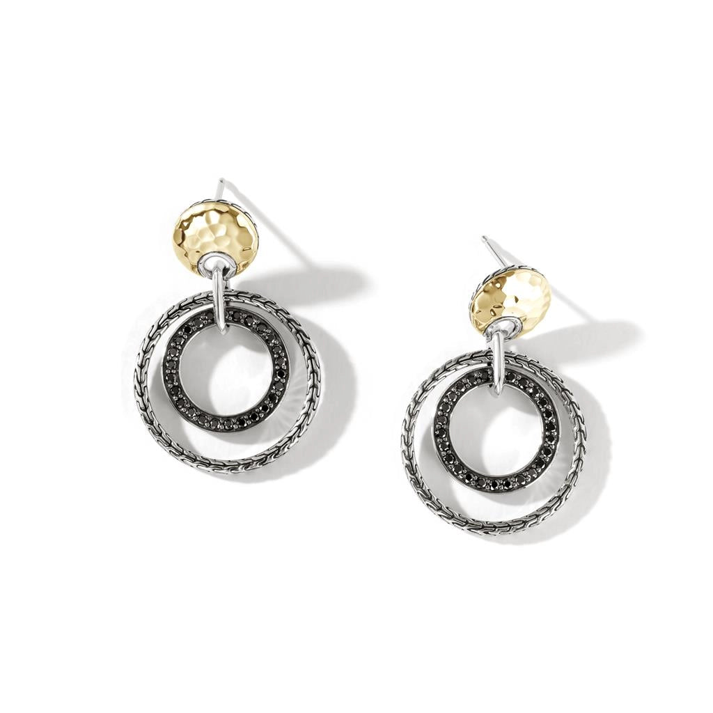 John Hardy Classic Chain Silver & 18K Gold Hammered Double Circle Earrings with Treated Black Sapphire