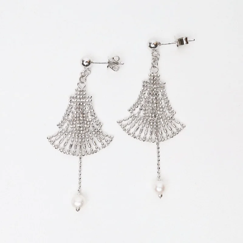 Sterling Silver Fan with Long Pearl Earrings