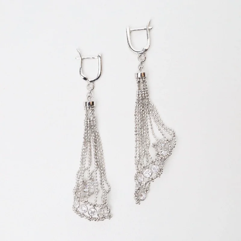 Sterling Silver Woven Draped Spiral CZ Dangle Earrings