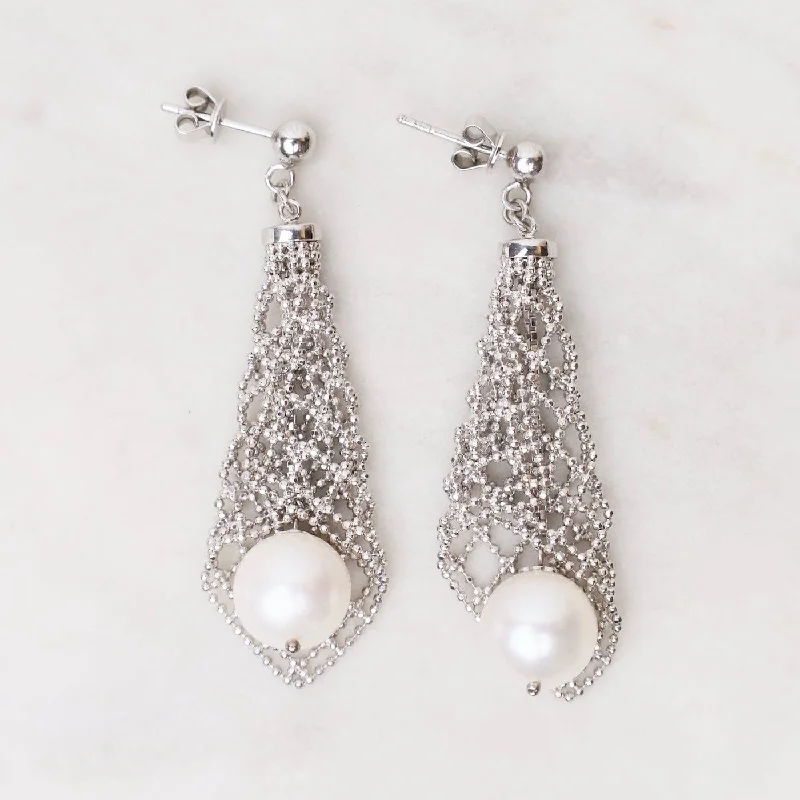 Sterling Silver Woven Lantern Pearl Earrings