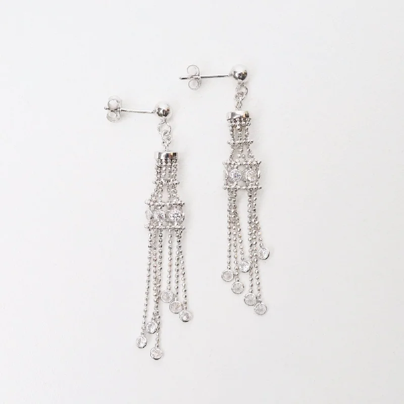 Sterling Silver Woven Lace Long Lantern CZ Earrings