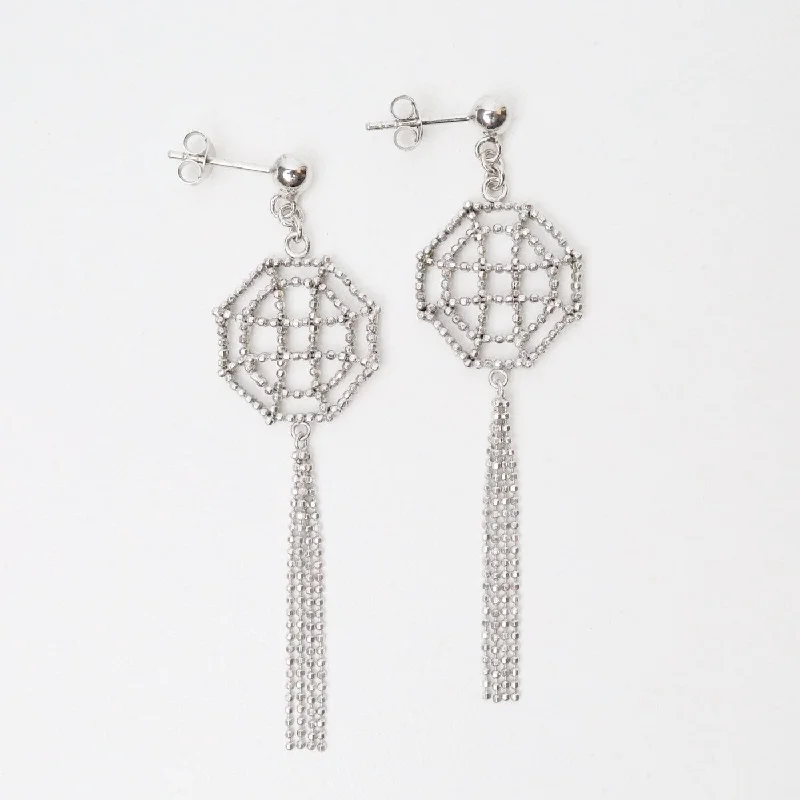 Sterling Silver Woven Open Octagon Window Fringe Earrings