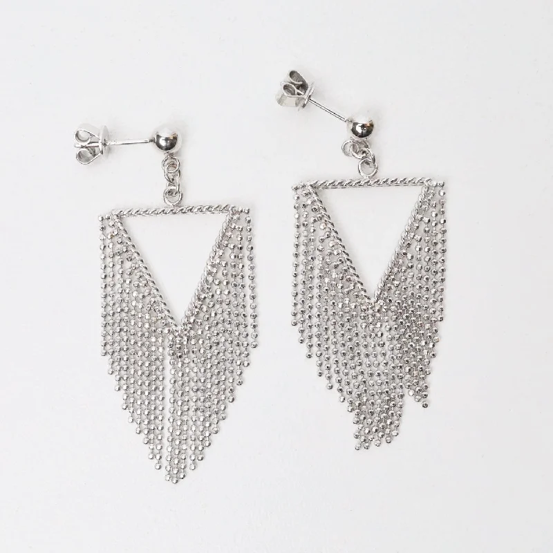 Sterling Silver Woven Fringed Triangle Earrings