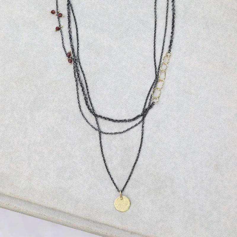 Parchment Disk Triple Chain Necklace with Garnets