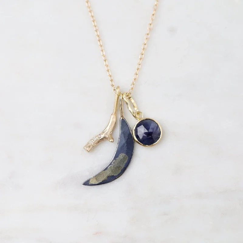 14k Pavé Branch, Gilded Crescent Moon, & Sapphire Cluster Necklace