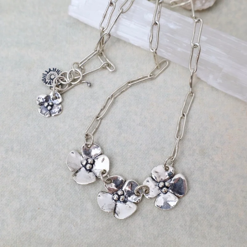 Three Dogwood Flower on Short Oval Chain Necklace