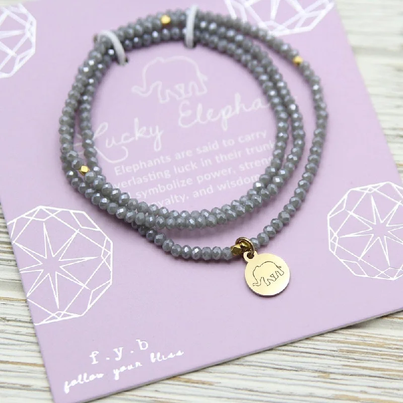 Lucky Elephant ~ Stretchy Grey Crystal Wrap Bracelet