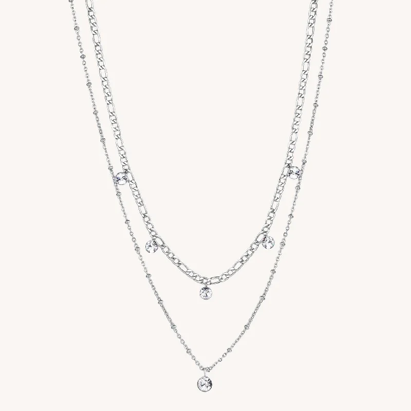 Stainless Steel Double Chain Necklace with Clear Crystals