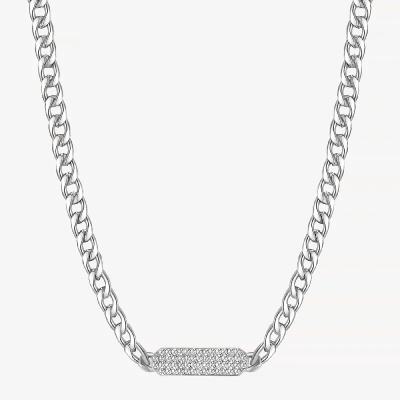 Stainless Steel Heavy Curb Chain Necklace with Bar of Pave Clear Crystals