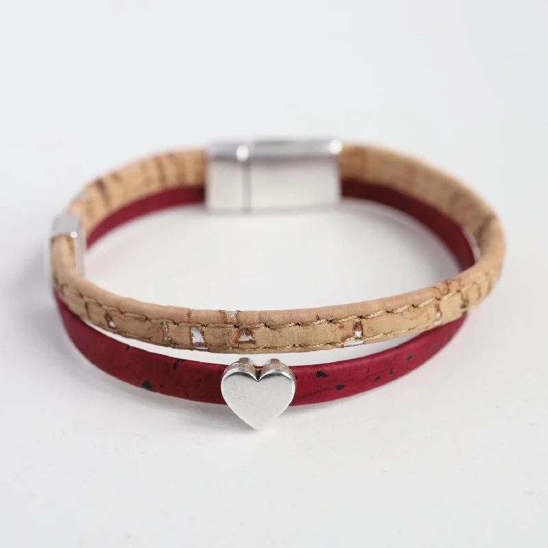 Classic Cork Bracelet With Flat Heart - Wine