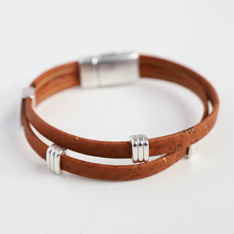 Classic Cork Bracelet With Striped Bands - Cinnamon