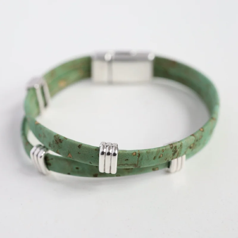 Classic Cork Bracelet With Striped Bands - Green