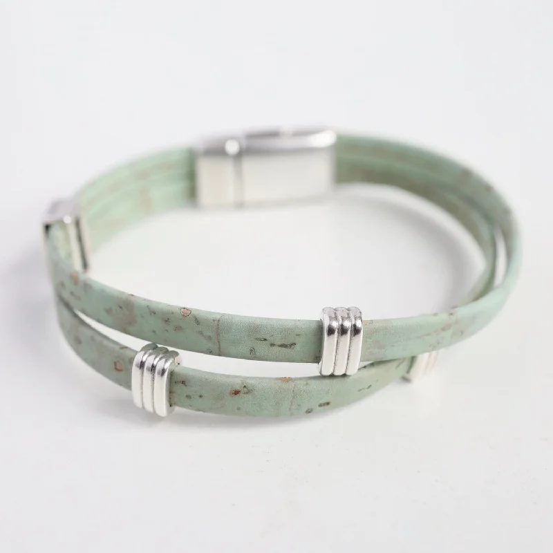 Classic Cork Bracelet With Striped Bands - Mint Green