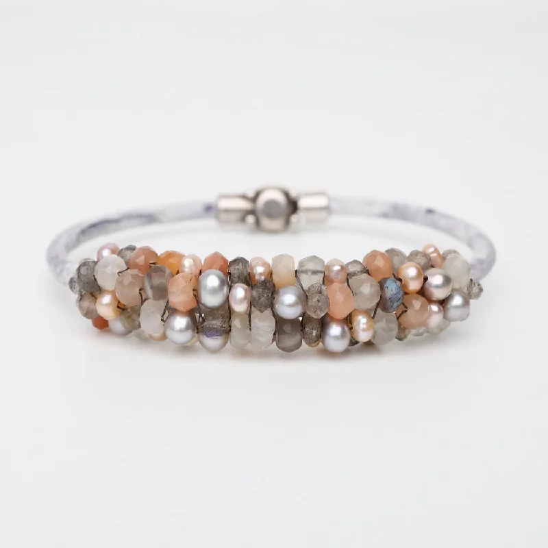 Hand Stitched Peach Moonstone, Grey & Peach Pearls Leather Bracelet