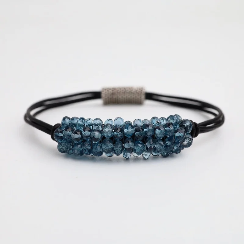 Hand Stitched London Blue Topaz Black Leather Bracelet