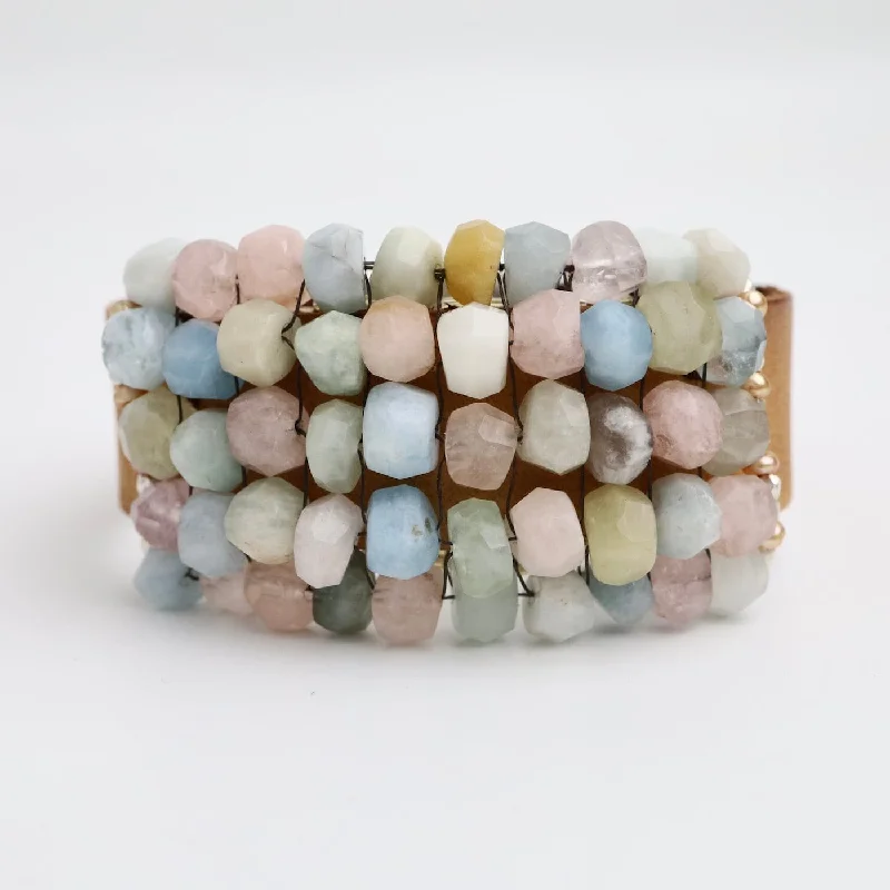 Hand Stitched Hand Cut Manganite Cubes Thick Leather Bracelet