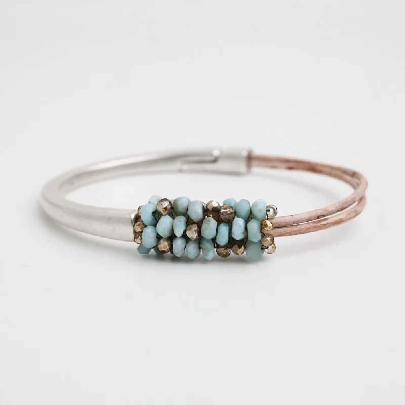 Hand Stitched Larimar & Crystal Mix Half Cuff Bracelet