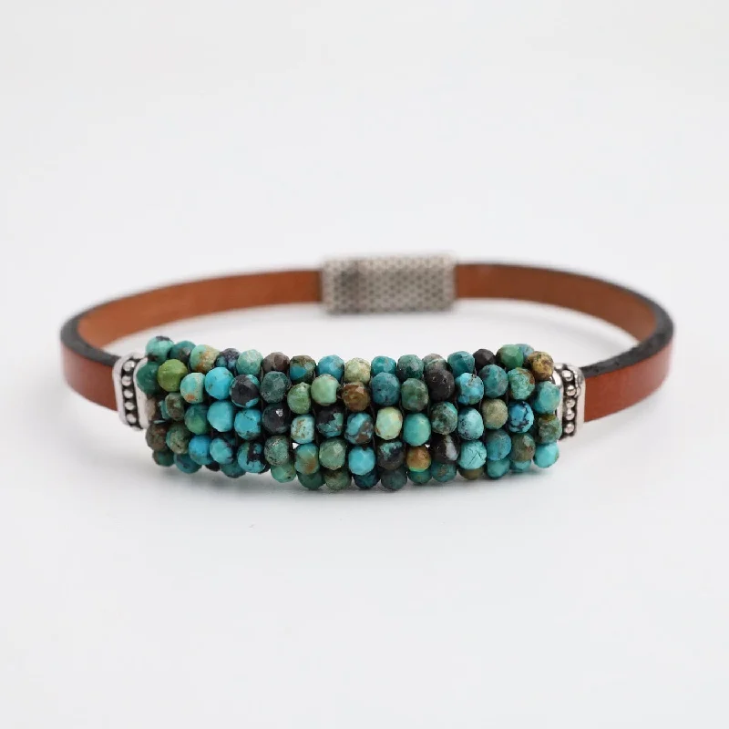 Hand Stitched Mix of Turquoise Faceted Beads Leather Bracelet