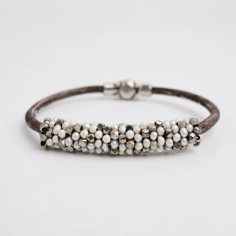 Hand Stitched Pearls & Metal Cubes Vintage Leather Bracelet