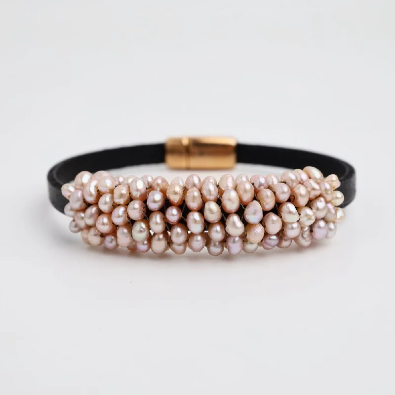 Pink Pearls on 5mm Vintage Black Leather Bracelet