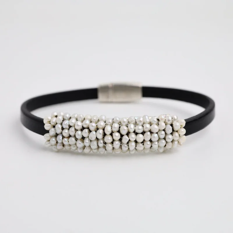 Hand Stitched Fresh Water Pearls On Black Flat Leather Bracelet