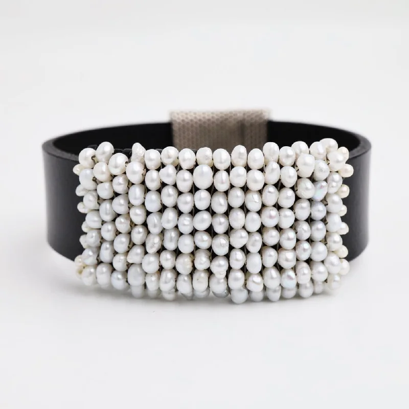 Hand Stitched Fresh Water Pearls On Black Leather Bracelet