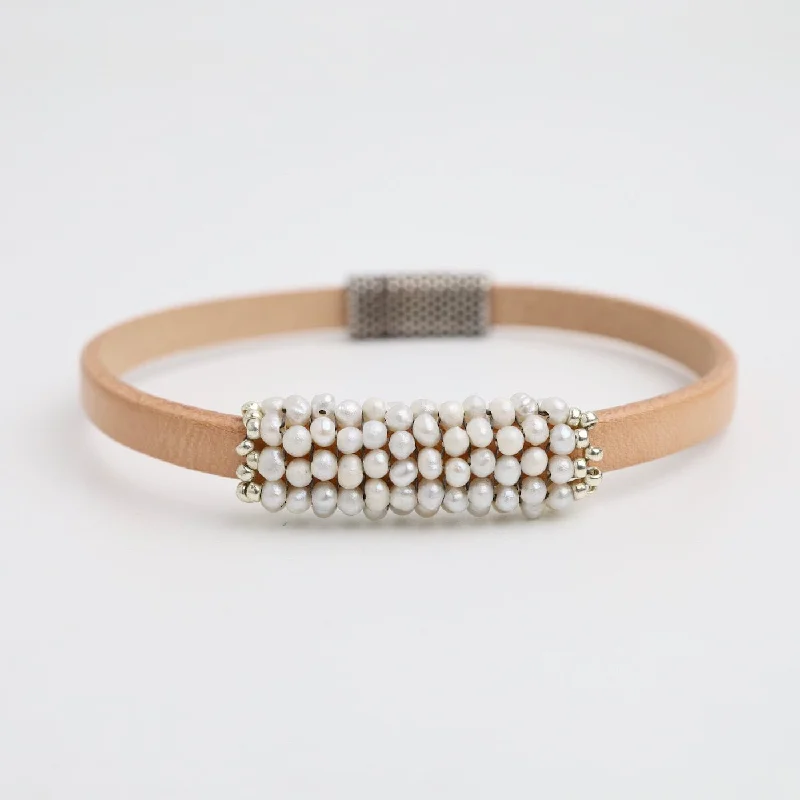 White Seed Pearls Leather Bracelet