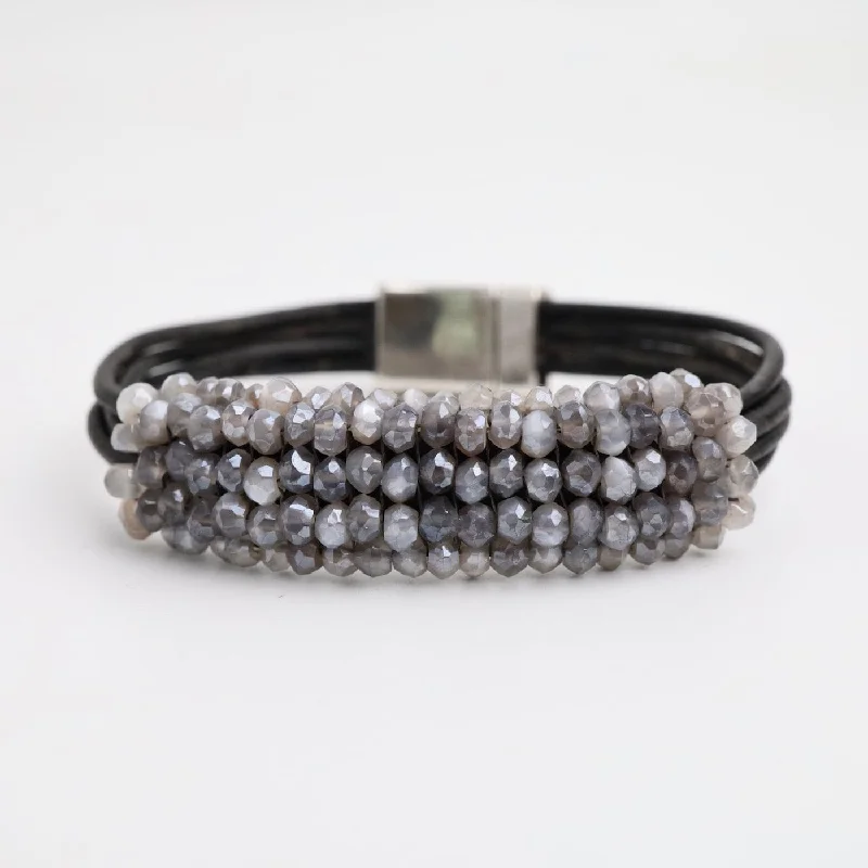 Hand Stitched Coated Grey Moonstone Leather Bracelet