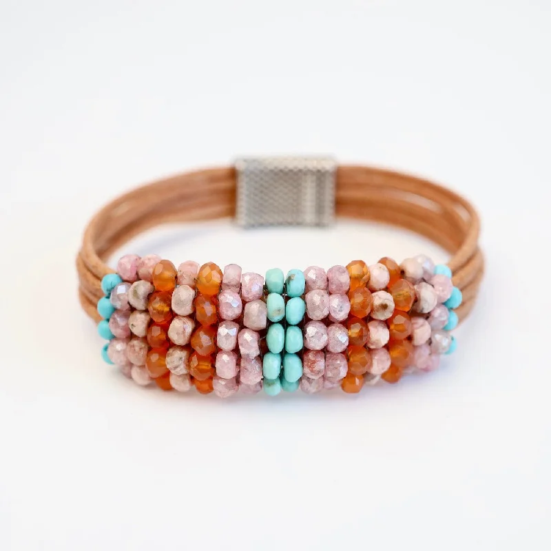 Hand Stitched Turquoise, Carnelian, Pink Grapolite Bracelet