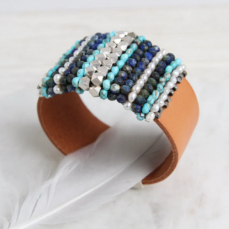 Hand Stitched Pearls, Jasper, Azurite, & Metal Cubes Cuff Bracelet